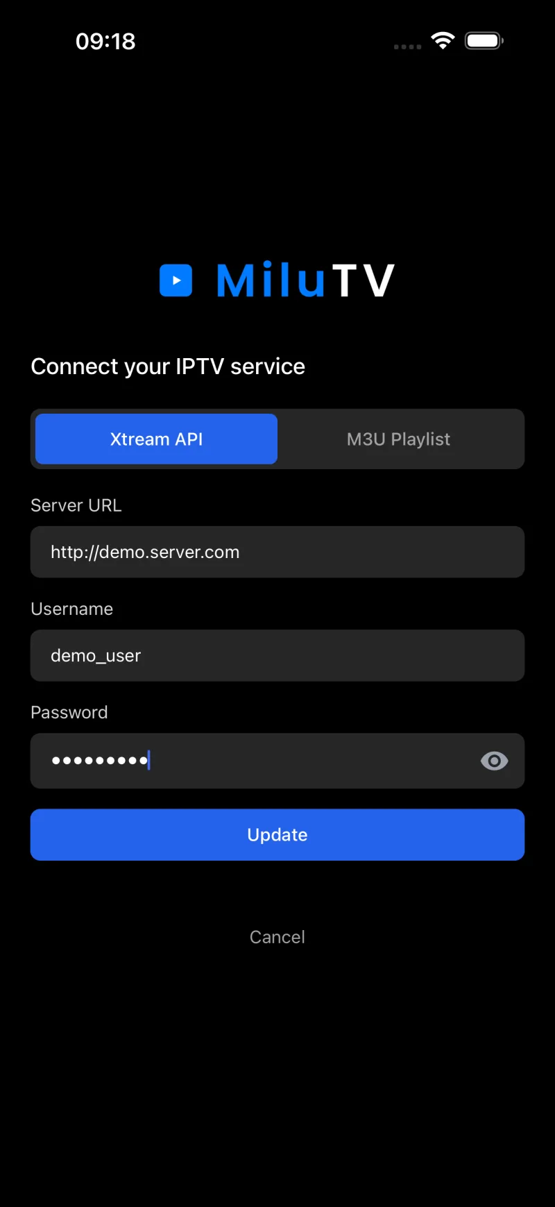 Connecting a playlist in MiluTV: Xtream API or M3U playlist with server URL, username and password