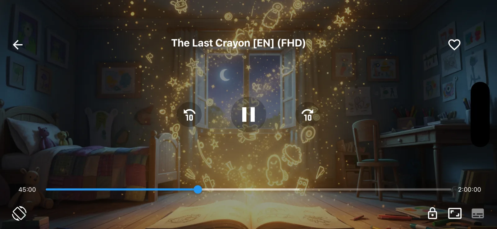 MiluTV player on iPhone in landscape: playback controls, seek bar and favourite button over a movie