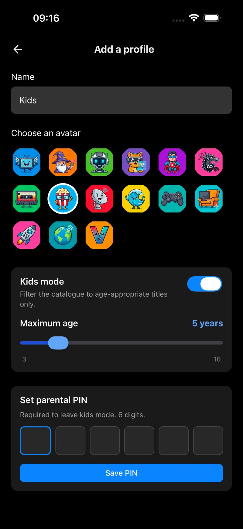 Creating a Kids profile in MiluTV: avatar picker, Kids mode with maximum age slider and parental PIN