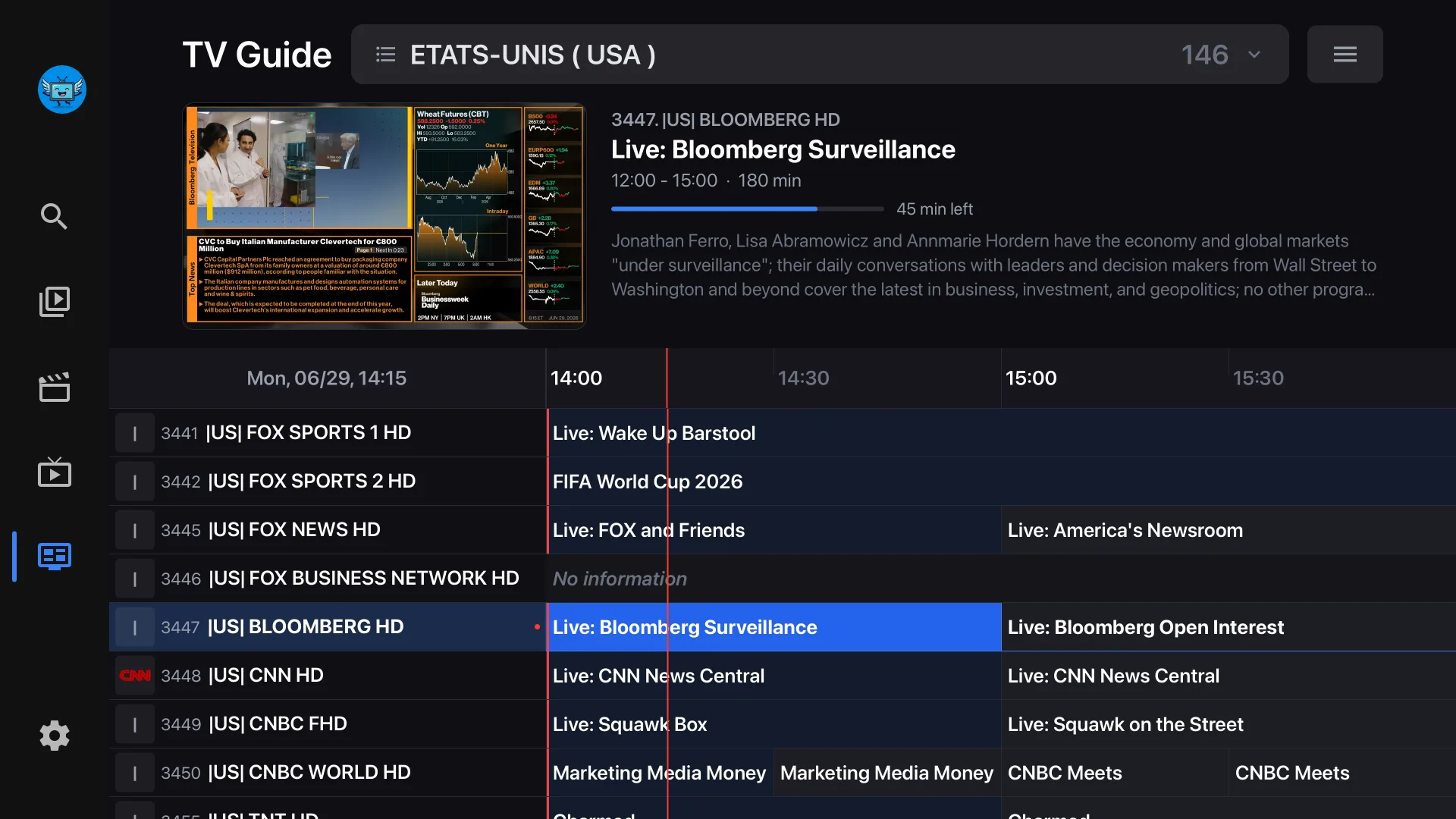 MiluTV TV Guide on Apple TV: program grid with timeline, live preview of the selected channel and program details